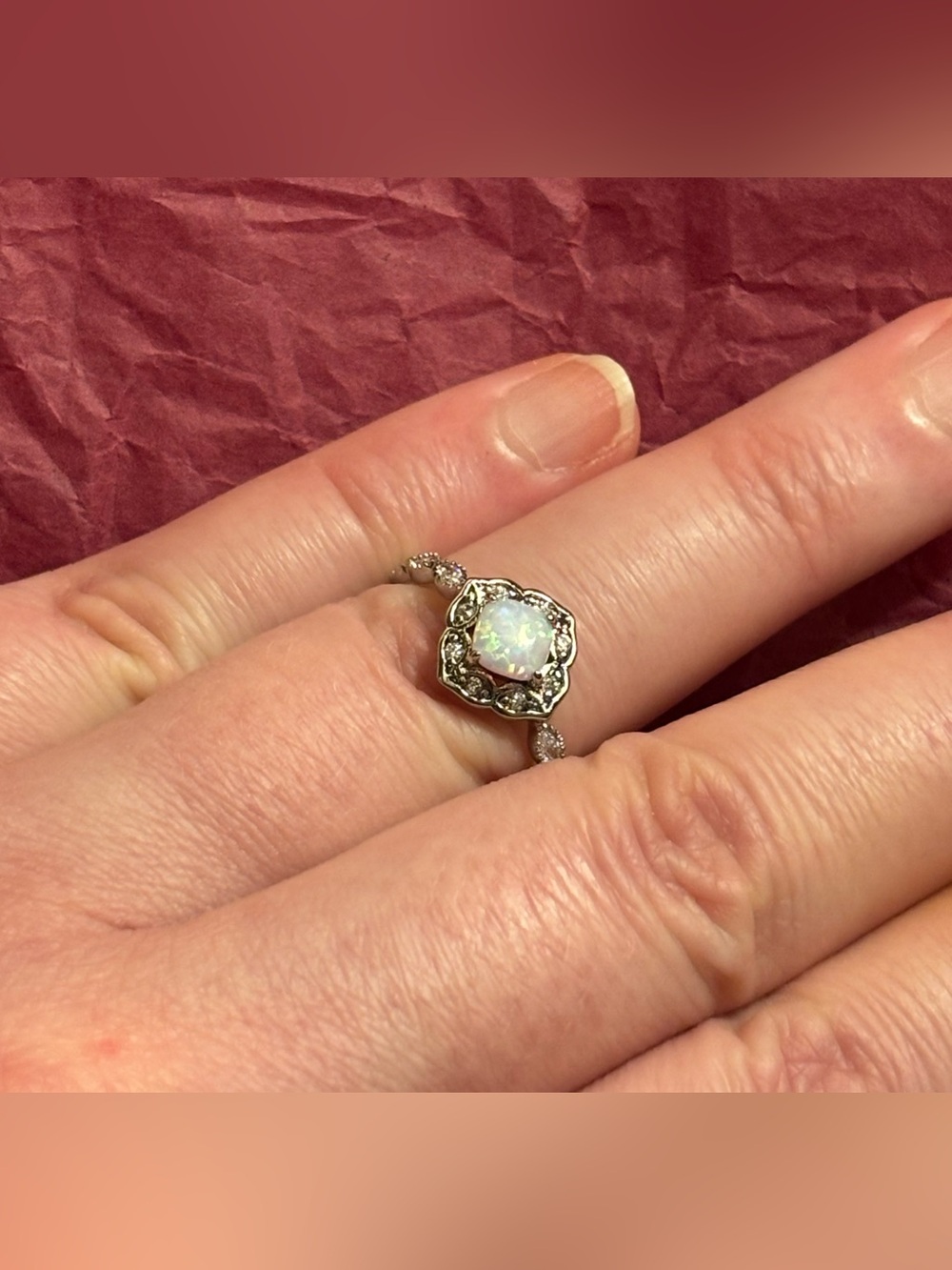 Charmed Aroma-Lab Created Opal Halo Vintage-Style Rhodium Plated Silver Ring-SZ7